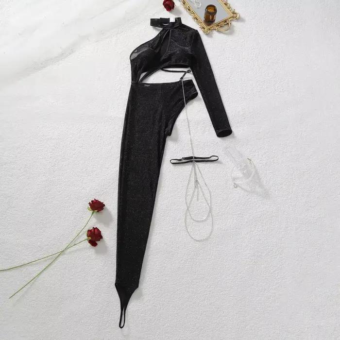 Lingerie sexy et chaude, body fin à col halterneck ajouré avec fil argenté, design asymétrique et ép