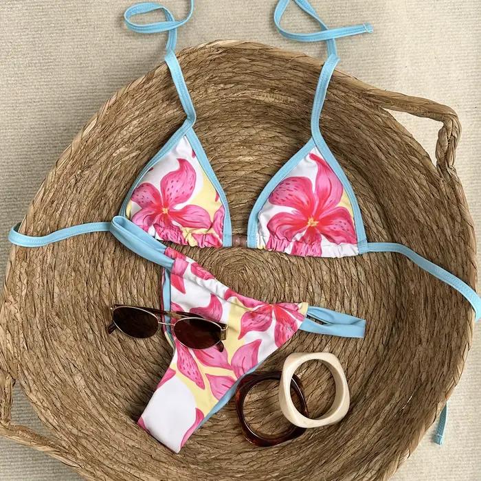 Micro bikini sexy bleu ciel à imprimé floral 2026 pour femme, avec soutien-gorge push-up et string p