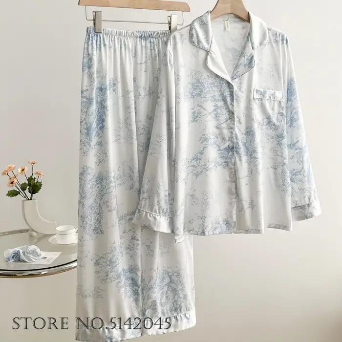 Pyjama femme 2 pièces ensemble mode noir glace vêtements de nuit en soie pantalon costumes vêtements