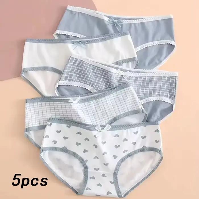 Lot de 5 slips doux et respirants pour femmes, culottes imprimées à carreaux en forme de cœur, sous-