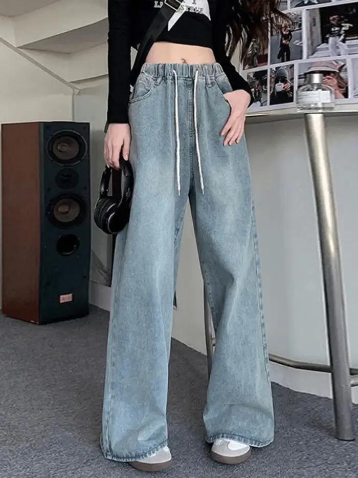 Botvotee vysoký pás široký strih džínsy pre ženy voľné rovné modré dlhé Denim nohavice