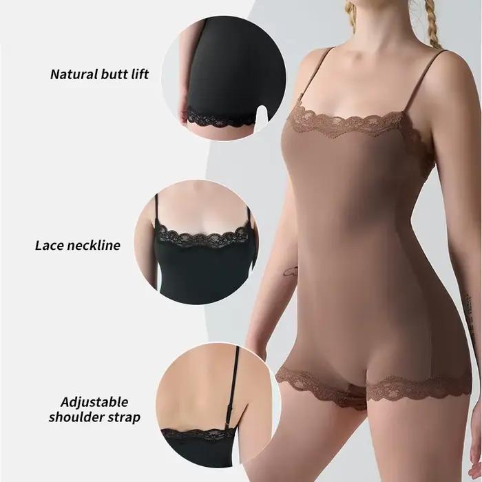 Body Sexy en dentelle pour femmes, col carré, bretelles fines réglables, ajustement serré, couleur unie, gilet intérieur, vêtements modelants à 2 couches