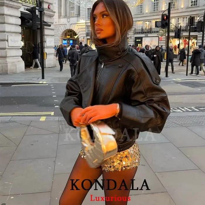 KONDALA ležérne elegantné čierne kožené bundy pre ženy s dlhými rukávmi