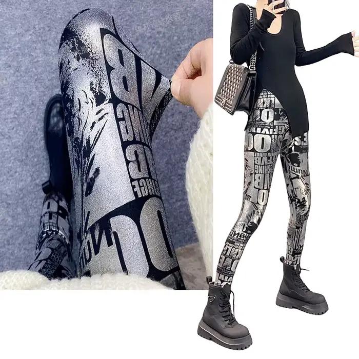 Jesenné zimné módne ženské metalické graffiti potlačou Legíny potlačené brúsené