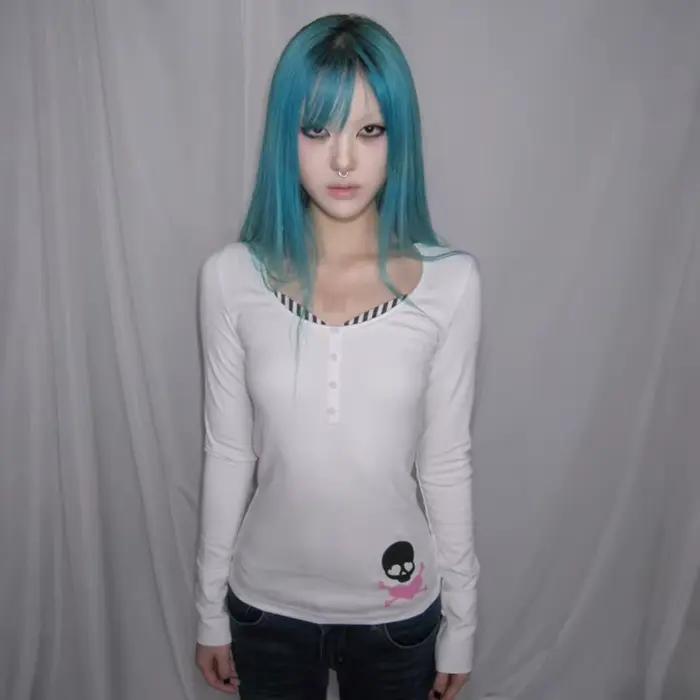 Karrcat Trashy Y2k Tričko s potlačou lebky Grunge estetický falošný dvojdielny top Vintage 2000s Streetwear štýl