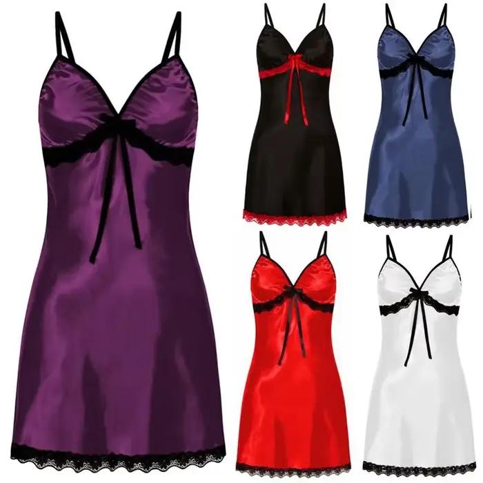 Dentelle soie Satin vêtements de nuit femmes Sexy Lingerie robe de nuit sans manches bretelles Mini robe avec culotte nuisettes chemise de nuit