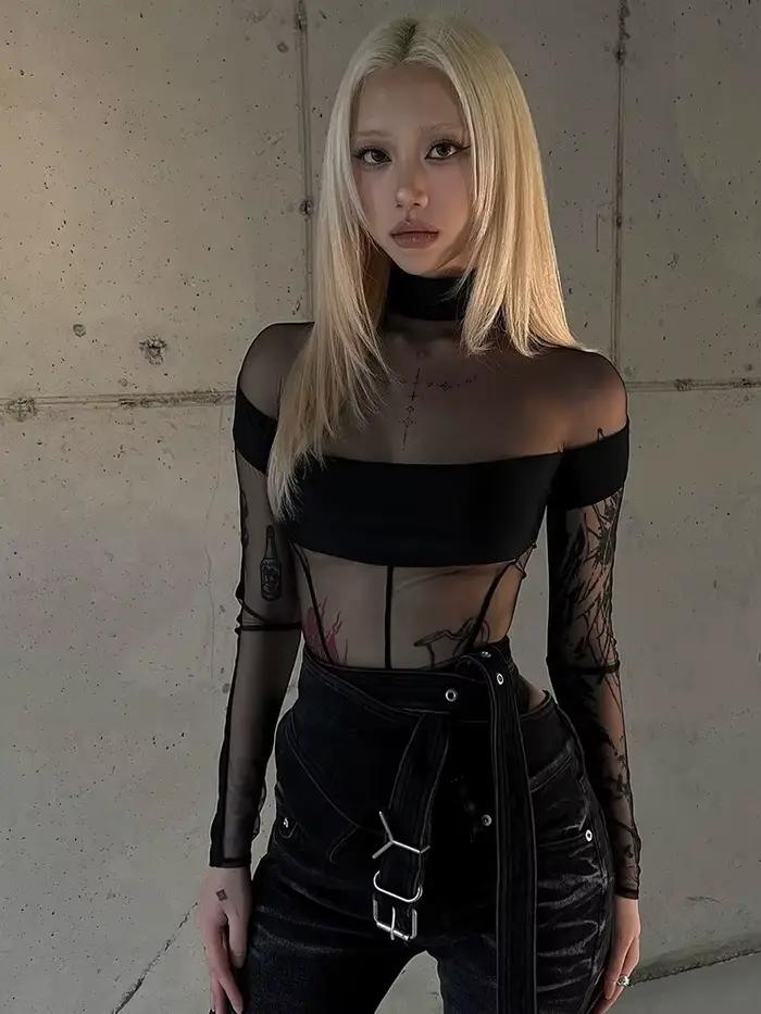Body transparent à manches longues pour femmes, Lingerie une pièce en maille épissure, corps Sexy féminin, hauts noirs, vêtements Y2k, tenue Rave