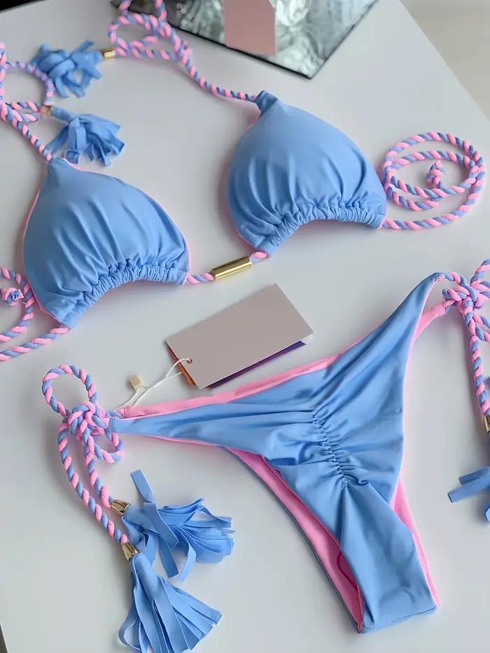 Sexy jednofarebné dvojdielne trojuholníkové bikiny pre ženy s pletenou šnúrkou