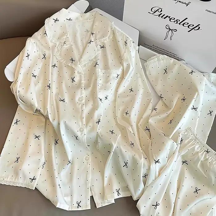 Pyjama pantalon à manches longues, Chic, d'inspiration française, haute couture, esthétique, Instagram, adorné par nœud, en soie glacée, garnis de dentelle