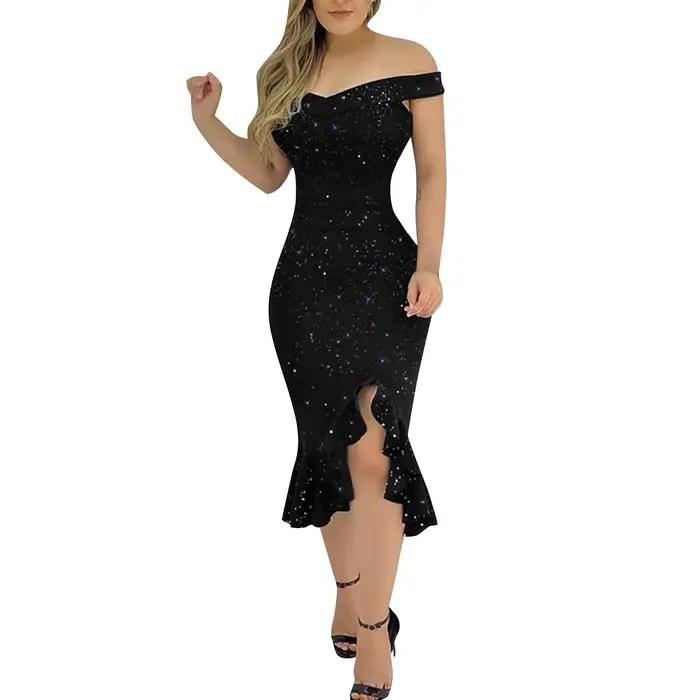 Sexy večerné šaty s volánmi a rozparkom pre ženy