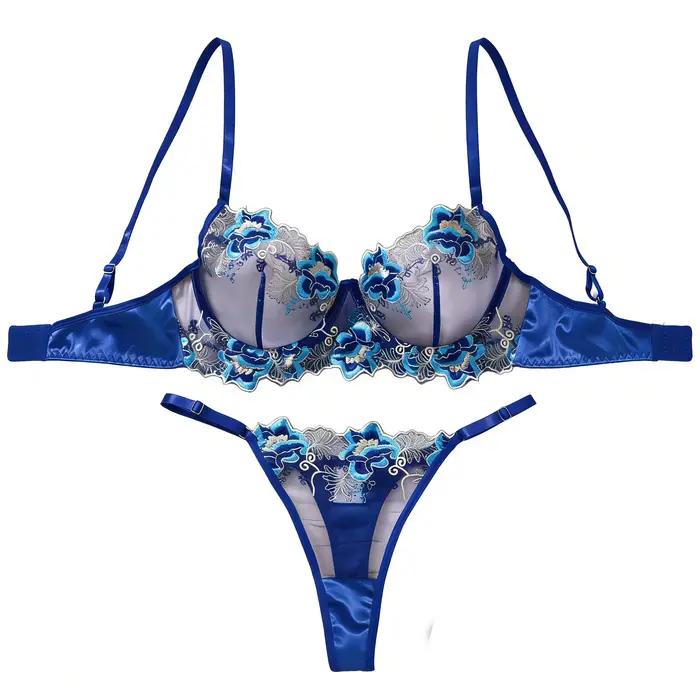 Modrý sexy set spodnej bielizne s kvetinovými motívmi