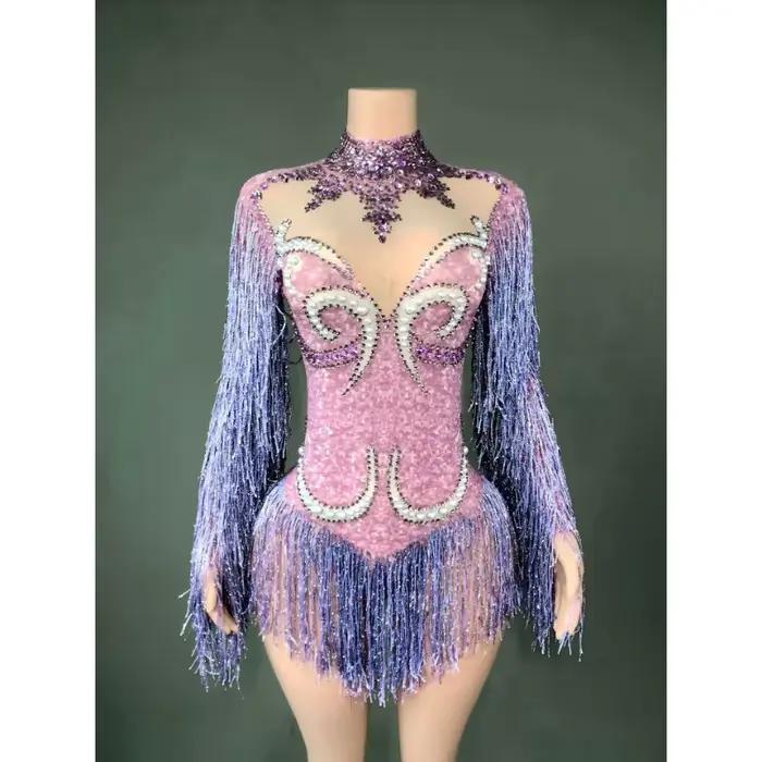 Nouvelle tenue de spectacle de danse pour femmes, costume de fête d'anniversaire, combinaison transparente de luxe grise à franges, strass argentés et perles