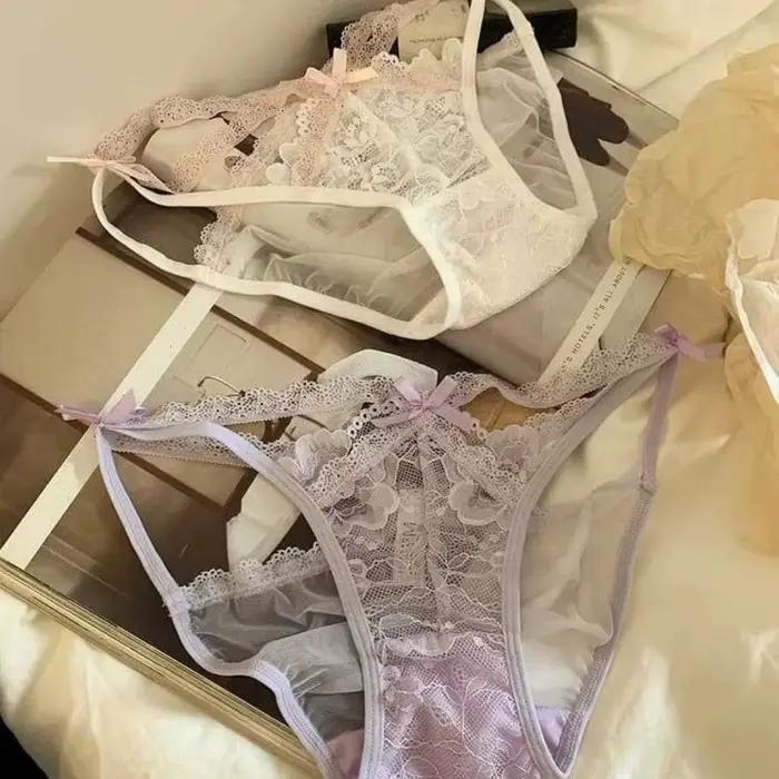Culottes de lingerie pour femme, style français, taille mi-haute, sans couture, à nœud, en dentelle florale, ajourées, en maille de dentelle transparente