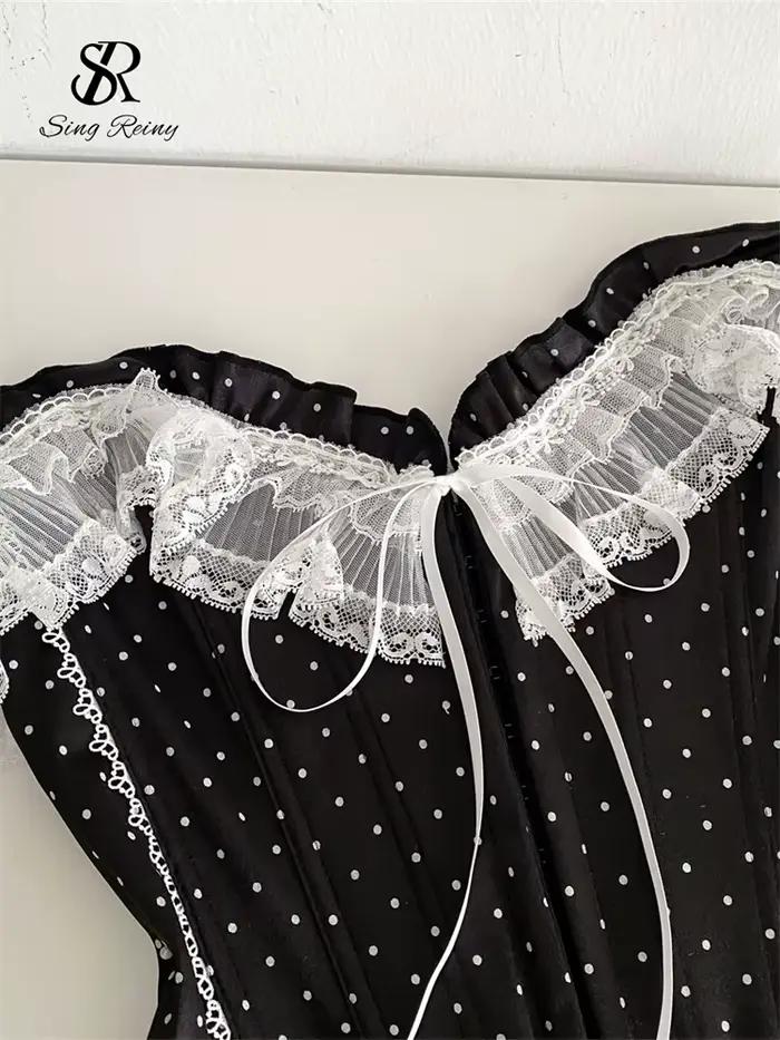 SINGREINY Retro bodkovaná čipkovaná bezramienková sexy korzetová blúzka vysoká kvalita