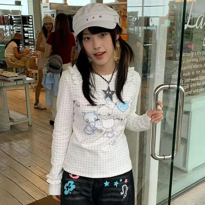 Karrram japonský Y2k Anime potlačený pletený top 2000s estetický s dlhým rukávom Tričko Cutecore s bodkami rebrovaný top Kawaii mačka