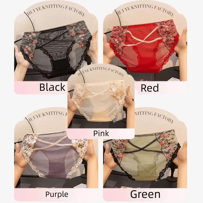 Culotte transparente en maille pour femme, broderie florale, respirante, en dentelle, culotte évidée, broderie douce, slip en dentelle