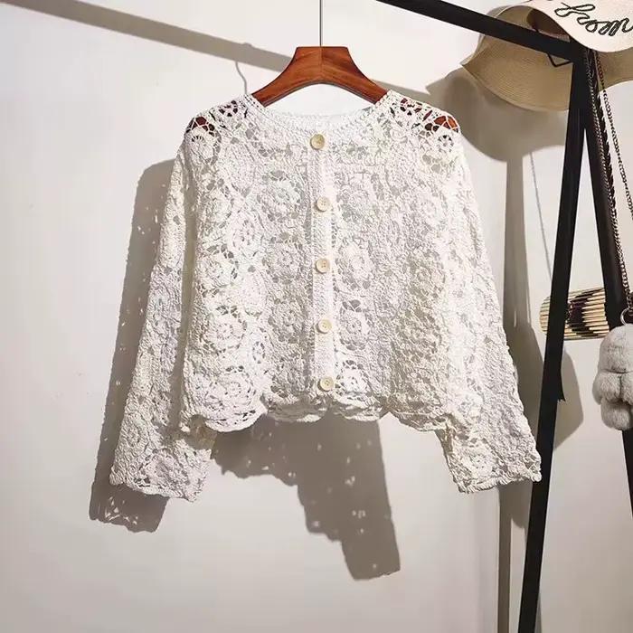 Dlhé rukávy Háčkovaný vrch na pláž Bikiny zakrytie gombíkovaný Cardigan Blúzka pre ženy blusas para mujer dovolenka B