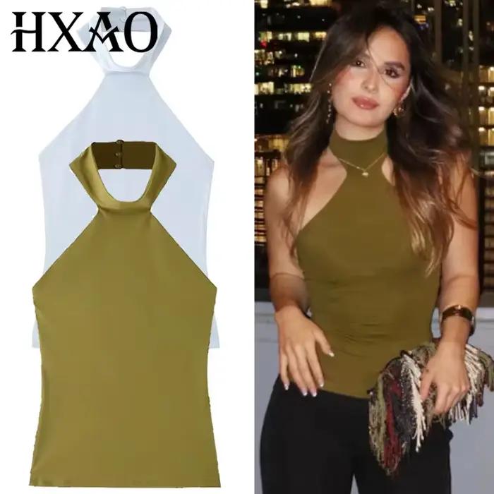 HXAO dámsky letný top s viazaním na krk 2025 tielko a camisole zeleno-modrý obtiahnutý top Sexy odhalené ramená bez rukávov holý chrbát