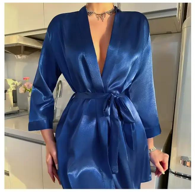 Robe de nuit en Satin solide, Robe de maison élégante à manches mi-longues et col en V avec ceinture, vêtements de nuit pour femmes