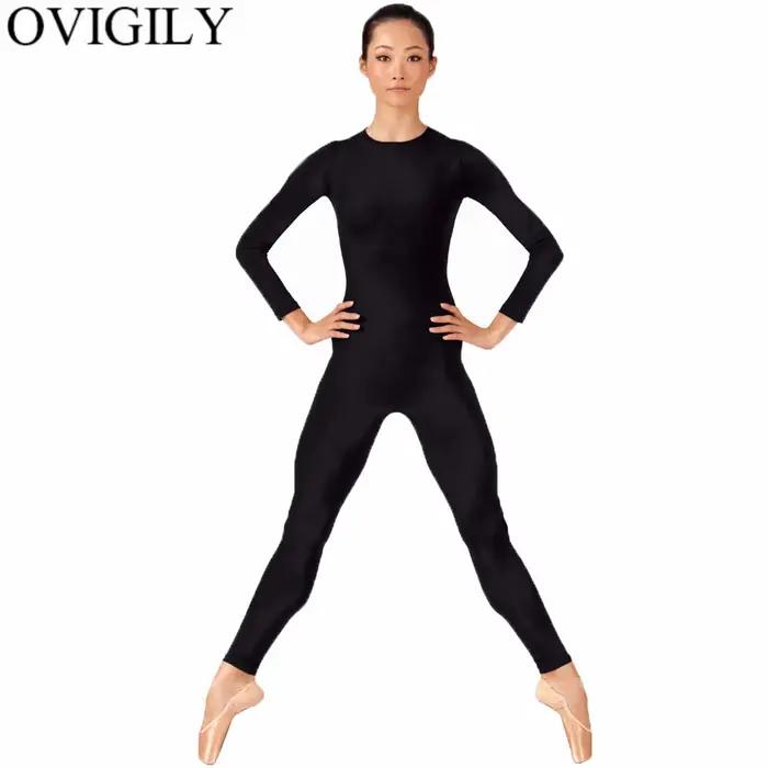 OVIGILY-Unitard de danse complet pour femmes, col rond, manches longues, combinaisons AqUnitards, vêtements de sport, collants de peau, noir, adultes