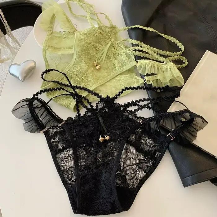 Culottes en soie glacée Sweet with Bell, sans couture, avec entrejambe en coton, dentelle et nœud, culottes string taille basse pour femme, culottes d'été pour fille