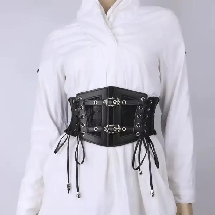 Ceinture corset chic noire à lacets - Ceinture élastique large pour femme |   Parfait pour les fêtes et les sorties décontractées