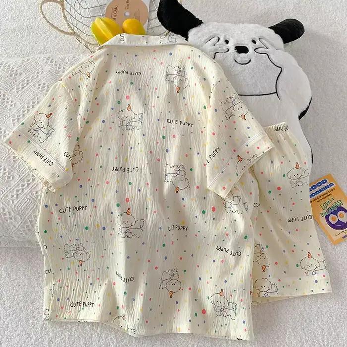 Pyjama d'été pour femme, style fin avec pois et motif chiot, short à manches courtes, doux et mignon, peut être porté à l'extérieur en été, ensemble deux pièces pour la maison