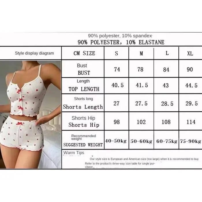 Dámske nočné oblečenie pyžamový set srdiečková potlač jemný rebrovaný materiál s glamour volánmi ležérny cami top a
