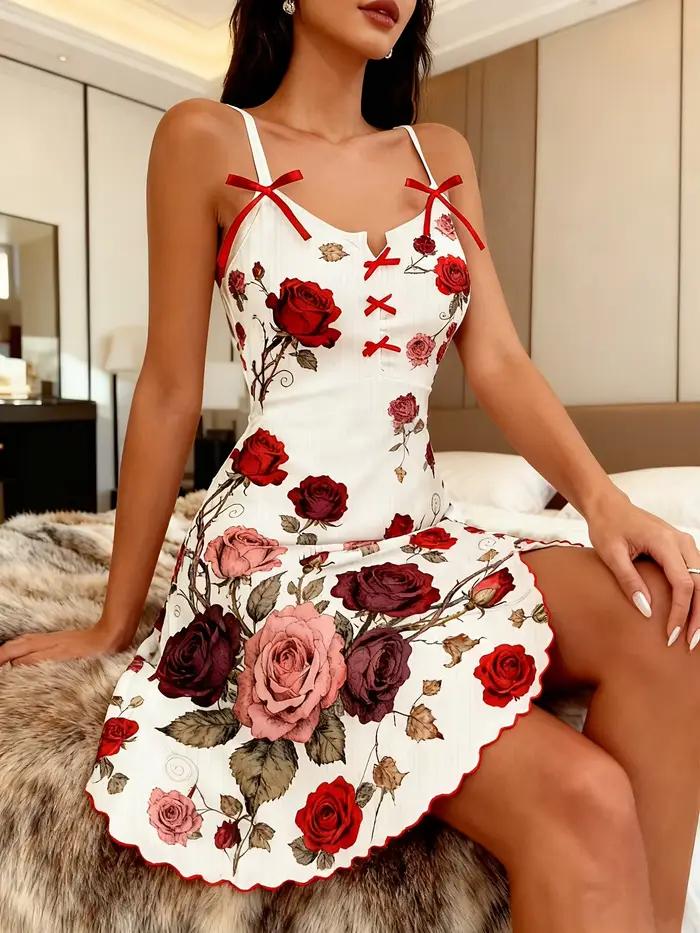 Chemise de nuit pour femme, imprimé numérique floral vintage motif vigne de roses, douce pour la peau et lavable en machine
