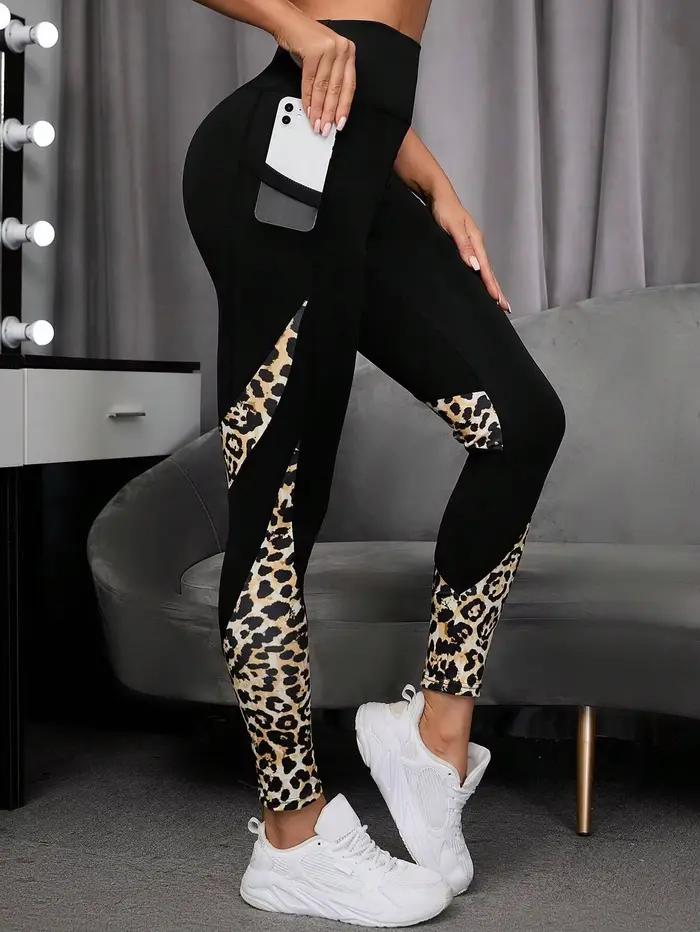 Športové legíny s leopardím sieťovaným vsadkou a vreckom na telefón