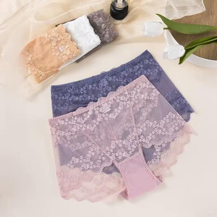 Culotte Sexy en Dentelle Brodée de Fleurs pour Femme, Sous-Vêtement Taille Haute Respirant, Grande Taille, Confortable, Lingerie Intime