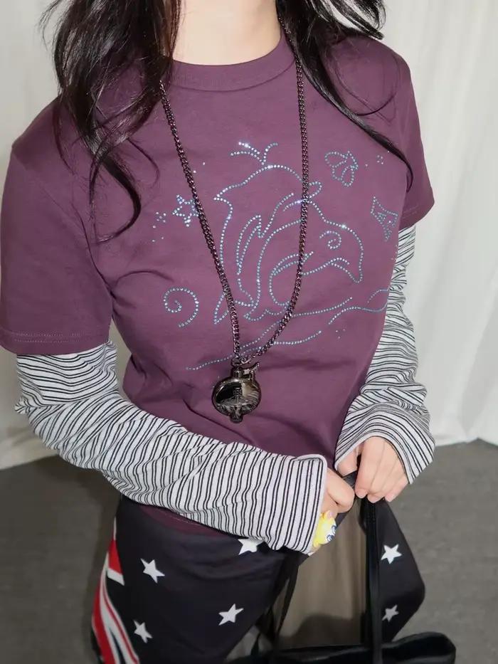 Tonngirl Y2k Tričko Vintage pre ženy s dlhými rukávmi Japonský patchwork 2000s Grunge topy Americký streetwear retro