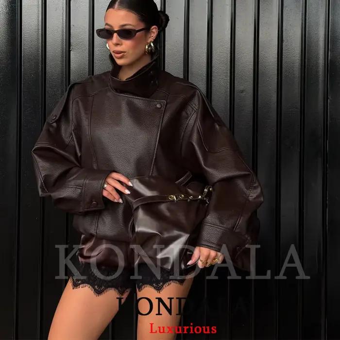 KONDALA ležérne elegantné čierne kožené bundy pre ženy s dlhými rukávmi