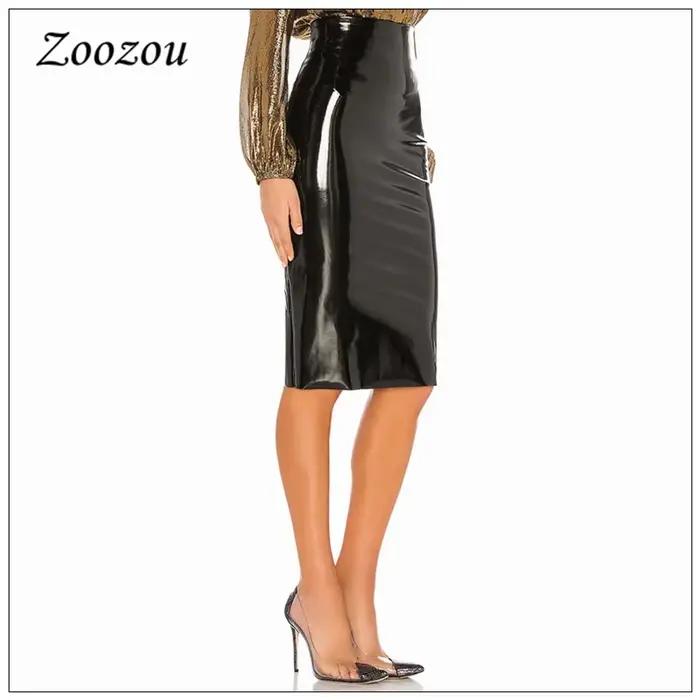 Dámska midi sukňa z latexu a lesklej PVC kože