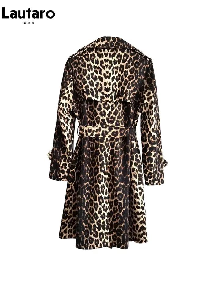 Lautaro jarná jesenná dlhá elegantná leopardia potlač trench kabát pre ženy s opaskom dvojradové zapínanie ležérny