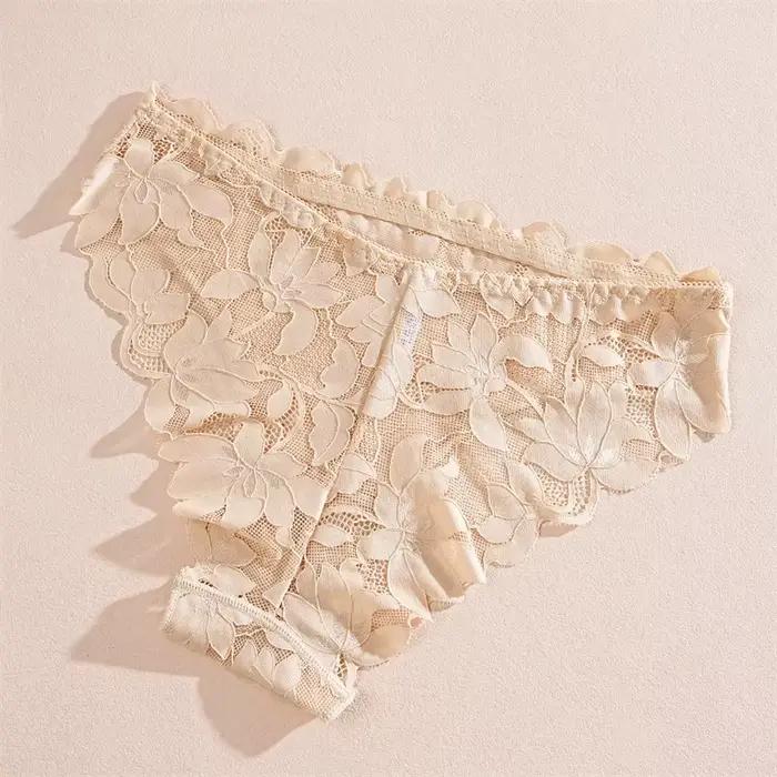 FINETOO 2 pièces femmes Satin sous-vêtements en dentelle florale Sexy évider culotte solide taille basse Perspective slips filles Lingerie douce