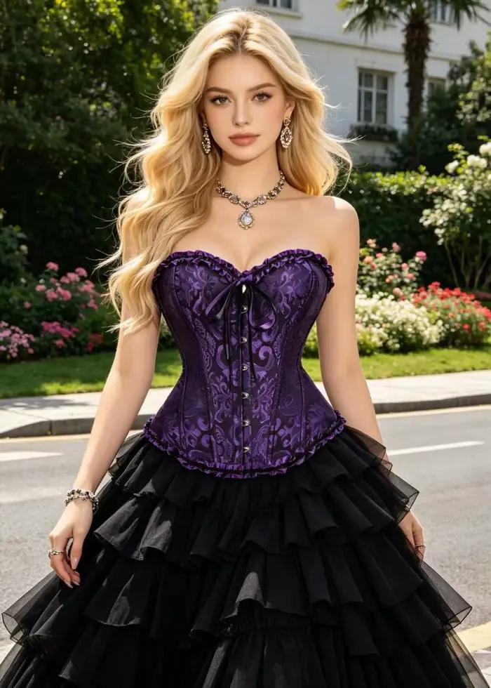 Corset violet jacquard à encolure cœur, fermeture avant, dos à lacets, bordure à volants, style gothique victorien, cincher de taille