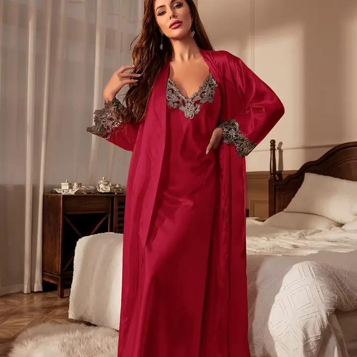 Dámsky dlhý Twinset nočný set jarné leto Kimono župan Šaty Sexy čipka lemovanie nočná košeľa Satén domáce oblečenie