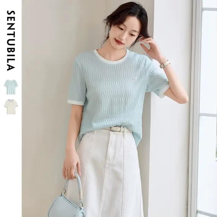T-shirt Sentubila en polyester et élasthanne pour femmes, style décontracté et élégant, parfait pour l'été et toutes occasions spéciales
