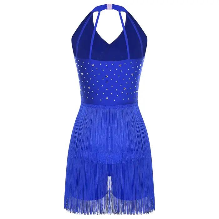 Combinaison de danse Tango Salsa latine pour femmes, sans manches, Design strass scintillants, franges dynamiques, bretelles au dos, body de Jazz