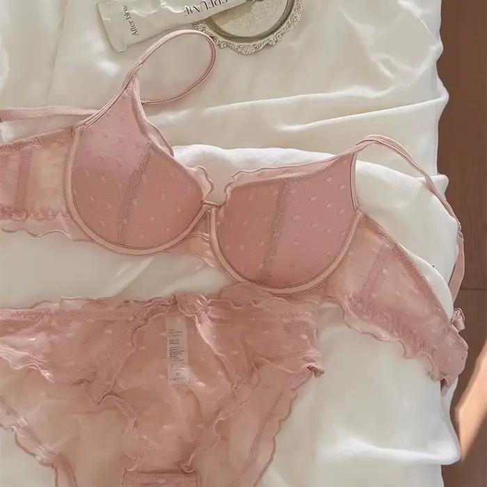 Ensemble de lingerie deux pièces en dentelle française à pois, avec effet de rassemblement et de lifting pour petites poitrines, anti-affaissement et maintien latéral des seins