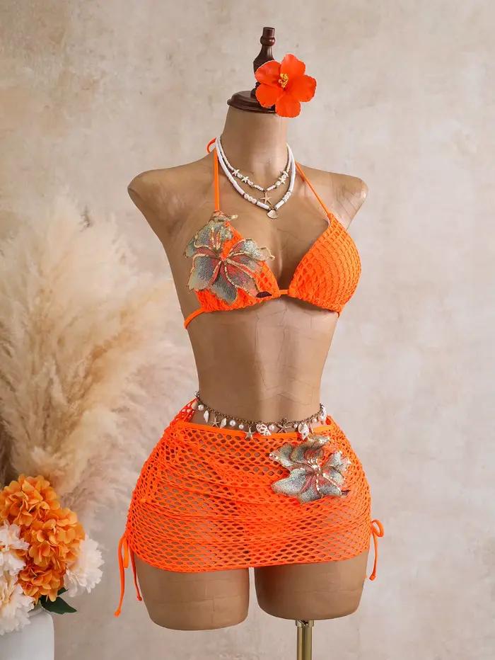 Sexi oranžový 3D kvetinový bikini set pre ženy 2026