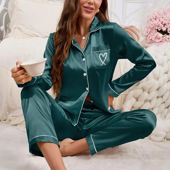 Pyjama en Satin pour femmes, vêtements de maison, manches longues, poches, hauts et pantalons brodés en forme de cœur, vêtements de détente, ensemble Pj, automne