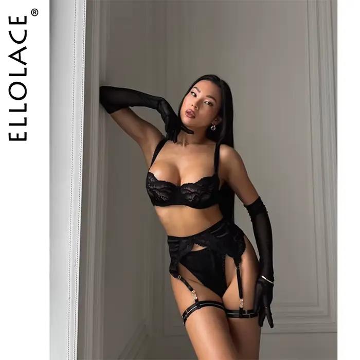 Ellolace Valentine Lingeries Sexy Hot Elegant Satin Bra Belt Thong 3PC with Leg Circles Premium Attractive Floral Embroidery Set