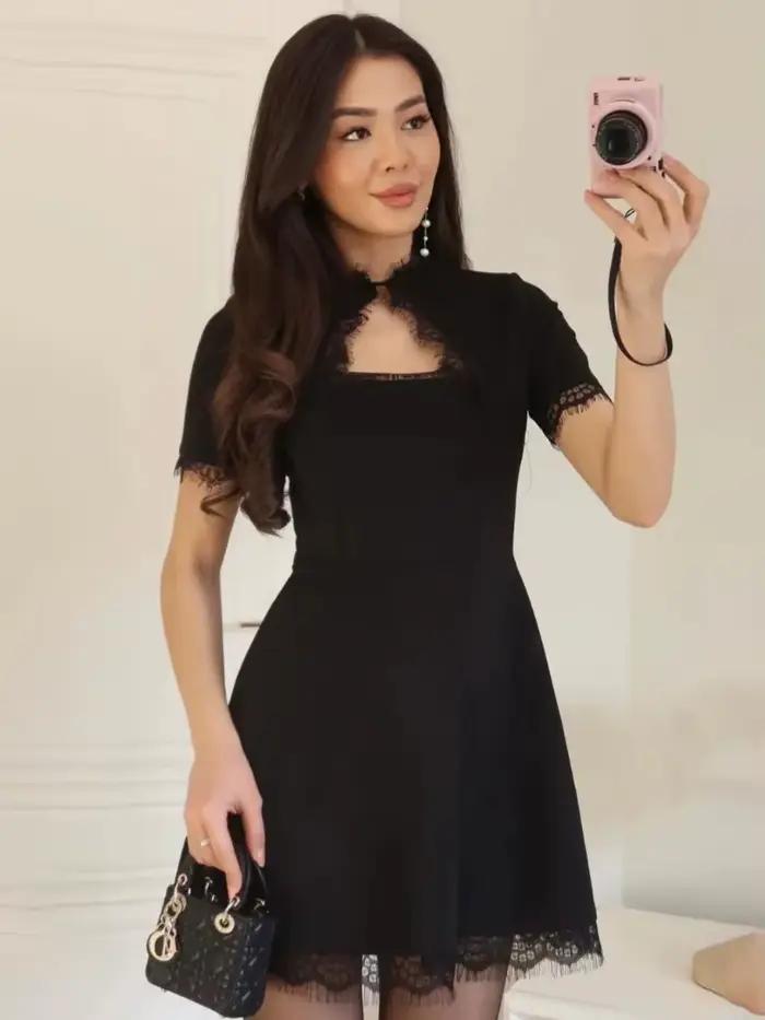 Tossy čierna čipka výstrih Mini šaty žena Patchwork krátky rukáv Sexy vysoký pás večerné