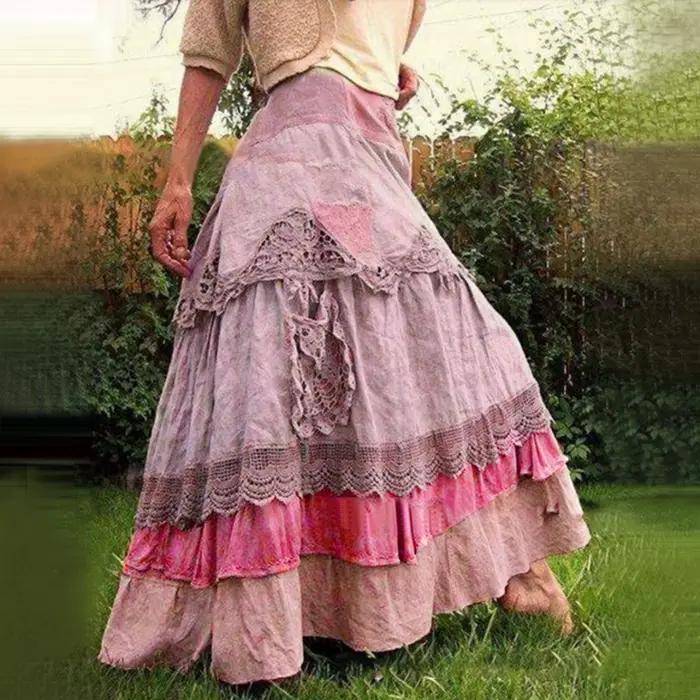 Jupe longue en dentelle pour femmes, style Boho, à plusieurs niveaux, filet évasé, boutons élégants, grande taille, en coton, nouvelle collection été 2024