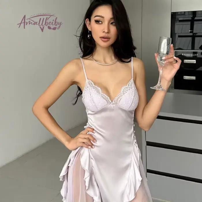 Chemise de nuit sexy pour femmes, avec coussinet de poitrine, pyjama en satin et dentelle, dos à bretelles, nouvelle chemise de nuit en soie, Lingerie sexy