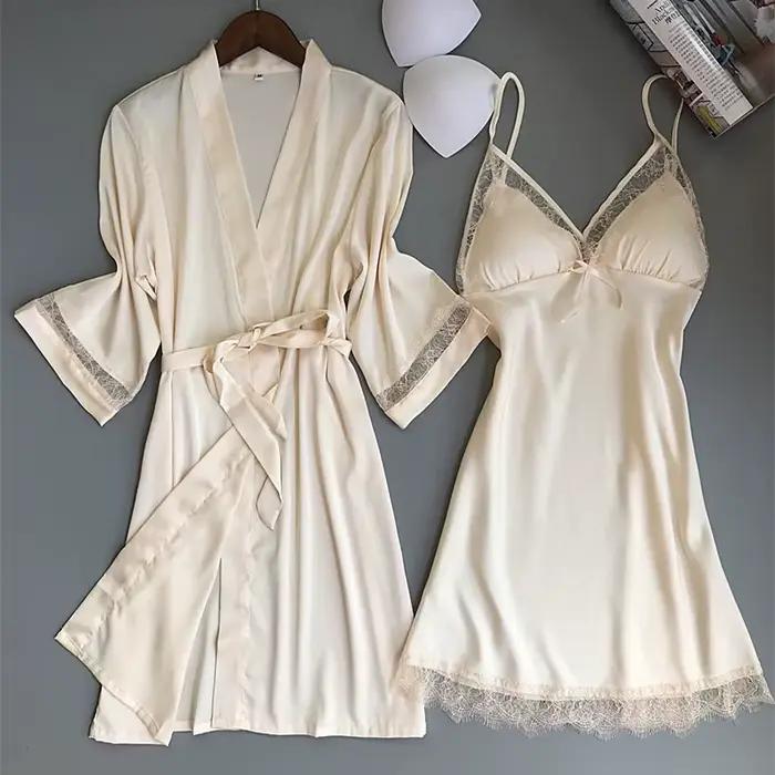 Sexi hodvábny kimono župan pre ženy biela nevesta družička Svadobné šaty s čipkovaným lemom voľné domáce oblečenie na spanie
