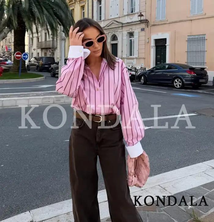 KONDALA ružové pásikavé ležérne košele pre ženy
