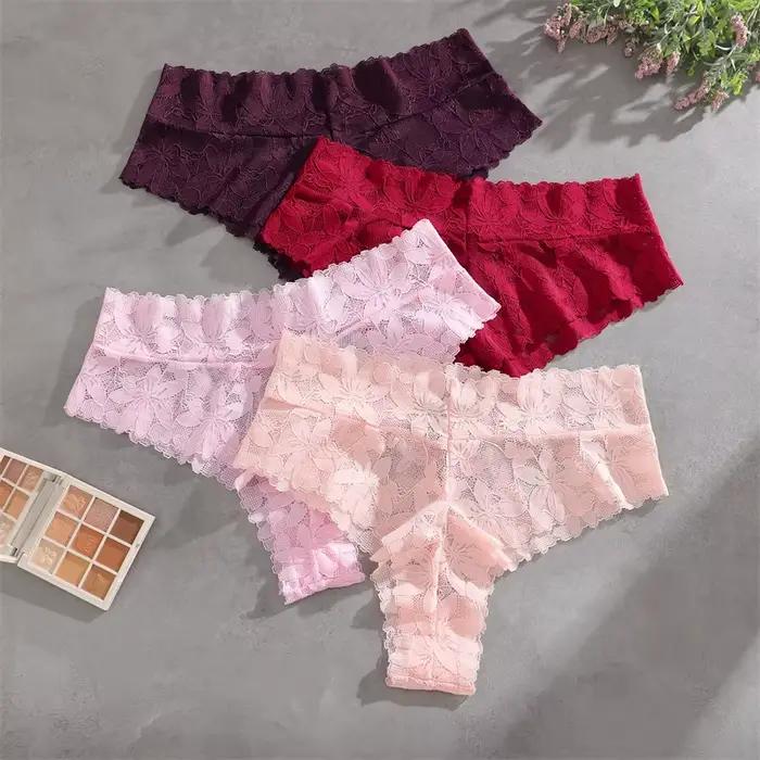 FINETOO Lot de 4 culottes sexy en dentelle florale pour femme, taille haute, ajourées, en tissu doux et respirant, lingerie de couleur unie